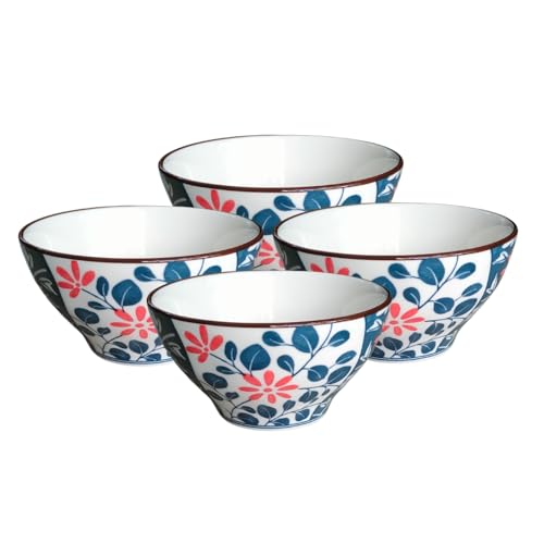 Image of Lellow Premium Ceramic Bowl Set of 4 - Handcrafted Big Floral Print Bowls for Soup, Noodles, Snacks & Desserts - Microwave & Dishwasher Safe, 300ml
