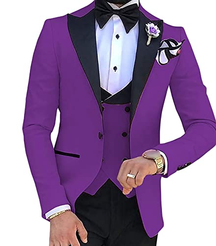 Men's Slim Fit 3 Piece Suit Set Peaked Lapel One Button Tuxedo Suits Solid Party Dinner Jacket Vest & Pants Sets (Purple,2X-Small)