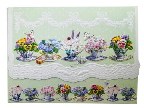 Image of Poster Foundry Pansy Teacups Boxed Note Cards by Carol Wilson. 10 embossed 4x5 Die-Cut Notecards and Matching Envelopes in Decorative Gift Box with Magnetic Flap. NCP2105