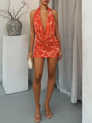 Image of OYOANGLE Women's Sexy Deep V Halter Dress Floral Bodycon Club Mini Dresses
