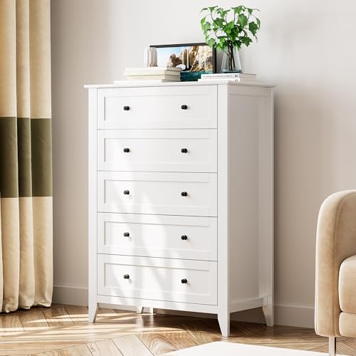 IDEALHOUSE White 5 Drawer Dresser for Bedroom Tall Dresser with Deep Drawers & Metal Knobs Modern Wooden Chests of Drawers for Entryway Hallway