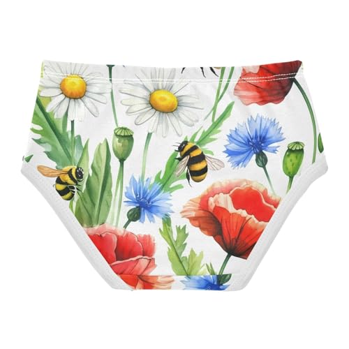 Red Poppy Flowers Bee White Cute Panties Girl Toddler Girls Underwear Cotton Florals Briefs Underpants 2t2
