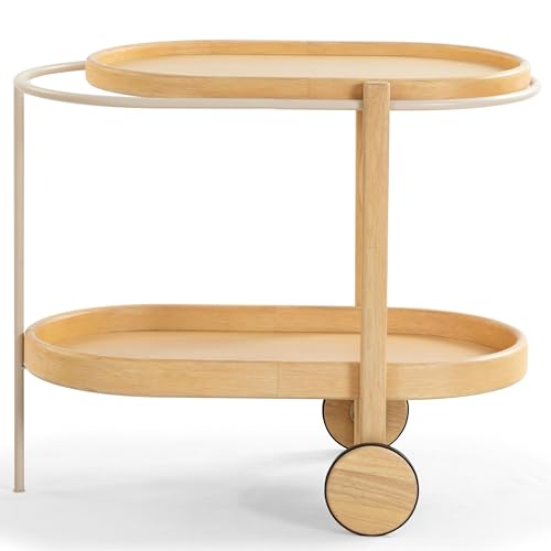 SAFAVIEH Couture Collection – Trianna Natural 2-Shelf Oval Wood Bar Cart, Rolling Serving Cart with Shelves, Modern Entertaining Design, Fully Assembled (SFV7254A)