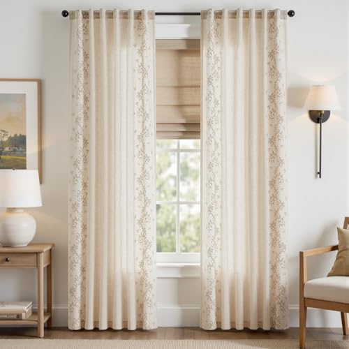 Image of jinchan Floral Linen Curtains, Back Tab 50x84 Inch, 2 Panels Beige