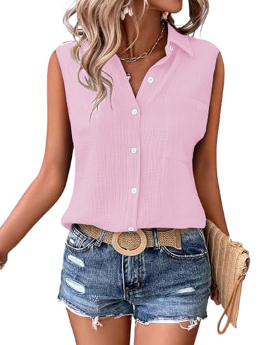 Image of GLASGO Women's 100% Cotton Sleeveless Button Down Shirt | Casual Summer Collared Tank Top | Soft Breathable Fabric Stylish Piece