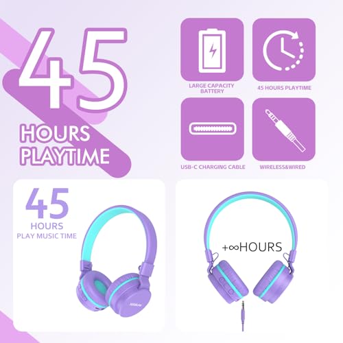 Image of Kids Bluetooth Headphones,Lightweight Kids Headphones Wireless,85 /94dB Safe Volume,40H Playtime,Fast Charging,Bluetooth 5.3,Over Ear,Toddler Headphone Built-in Mic for School /Tablet /Travel (Purple)