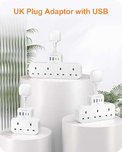 Multi Plug Extension Socket with 4 USB Ports, ANVODE 2 Way Plug Adaptor with Flexible Cable, Short Extension Lead Double Adapter Plug UK for Bedroom, Office, Kitchen. White - Image 7