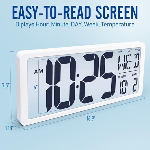 Image of Atomic Clock with Backlight, 16.9 inch Digital Wall Clock Large Display, Battery Operated Digital Alarm Clock with Day, Date & Temperature, Count Up Down Timer Clock for Home, Office
