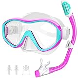 Kids Mask Fins Snorkel Set for Age 5-15,Dry Top Snorkeling Gear for Kids Boys Girls Junior & Youth, Tempered Glass Snorkel Mask with Fins for Swimming Snorkeling (Purple, One Size Without Fins)