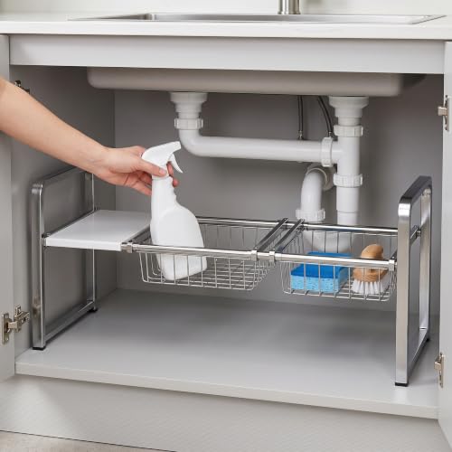 Organizador ajustable para debajo del fregadero, estante metálico independiente para almacenamiento en cocina y organizador para mueble inferior miniatura 3