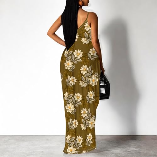 Image of Women's Summer Maxi Dress Spaghetti Strap Floral Boho Beach Long Sundress with Pockets