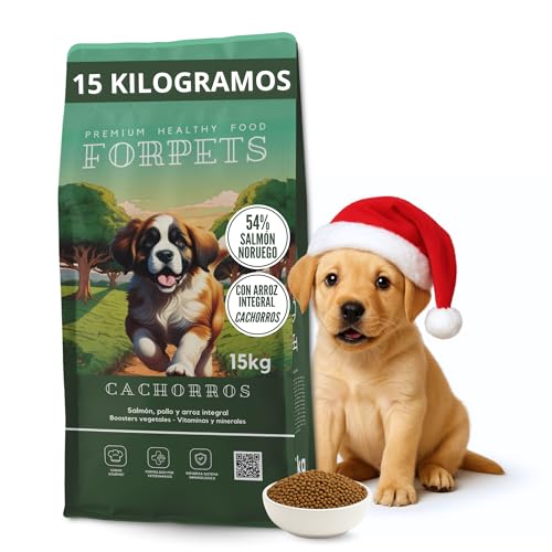 FORPETS Pienso para Perros Cachorros 15KG, Comida para Perros Premium con Salmón, Pollo y Arroz Integral, Alimento Natural Perro, Pienso Premium para Cachorros, Dog Food