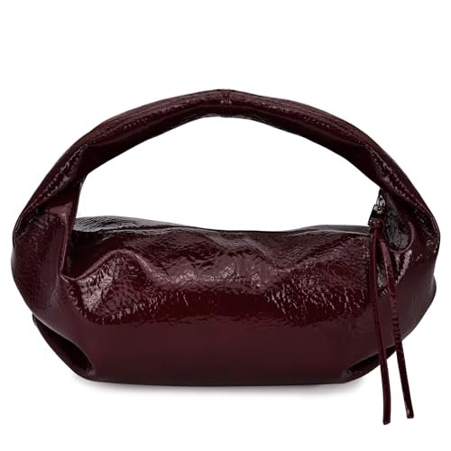 Image of Cloud Pouch Bag Women Shoulder Handbag Soft Zip Handbag Pleated Glossy Leather Hobo Mini Small Purses Ruched Cloud Bags (Burgundy)