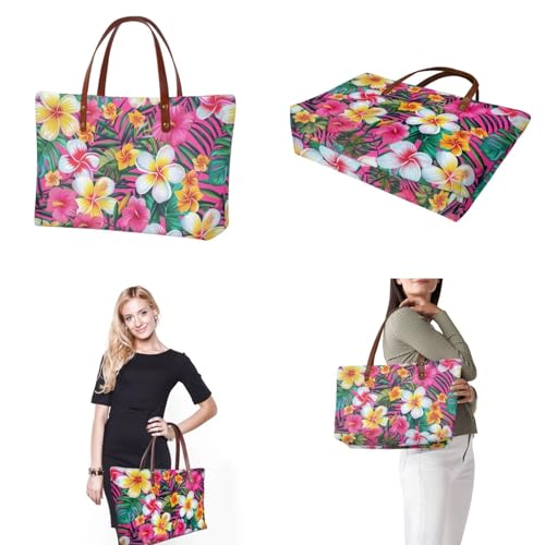 Image of Hibiscus Large Purse Set for Women, Lightweight Top Handle Satchel with Make Up Bag, Shoulder Hobo Tote with Wallet for Working, Travel, Hot Pink