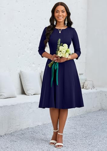 Image of CLOCOR Casual Midi Dresses for Women A-Line Fit and Flare Elegant Church 3 /4 Sleeve Crew Neck Dress with Pocket