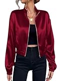 Verdusa Women's Bomber Satin Lightweight Jacket Drop Shoulder Long Sleeve Zip Up Outerwear Burgundy Large