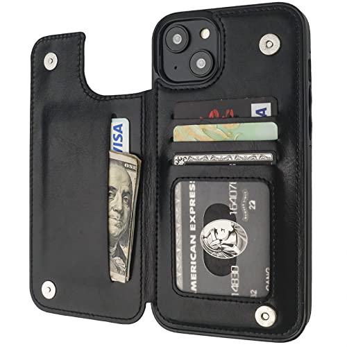 ONETOP Compatible with iPhone 14 Plus Wallet Case with Card Holder PU Leather Kickstand Card Slots Case Double Magnetic Clasp and Durable Shockproof Cover 6.7 Inch (Black)