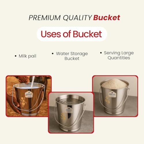 Image of Mintage Stainless Steel Bucket for Bathroom 12.5 litres Capacity | Water Storage Bucket for Kitchen | Laser Balti for Serving | Leak Proof Multipurpose Use | Balti for Home Steel Buckets with Handle