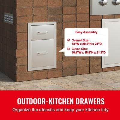 Happybuy Outdoor Kitchen Drawers 13" W x 20.4" H x 20.8" D, Flush Mount Double BBQ Access Drawers with Stainless Steel Handle, Perfect for BBQ Islands and Patio Grill Stations