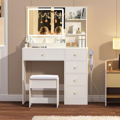 Zvivofla Vanity Desk with Mirror and Lights, Makeup Vanity Table Set with Charging Station & 5 Drawers, Bedroom Dressing Set with Chair for Girls Women, 3 Lighting Colors, White - Thumbnail 6