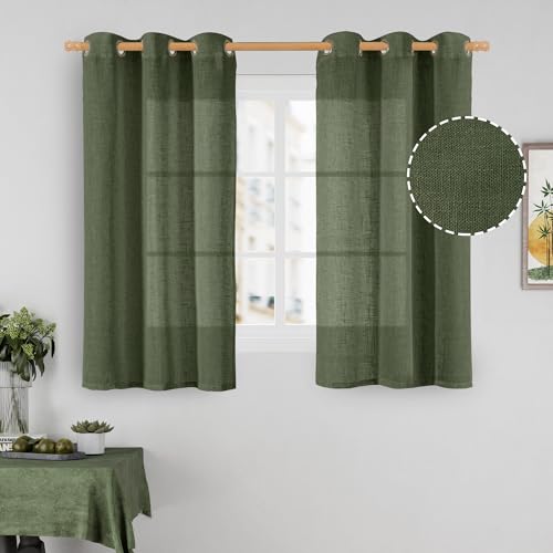 Image of LAMIT 45 Inch Short Window Linen Curtains, Light Filtering Panels Bronze Grommet Room Decor Drapes for Small Windows /Bathroom /Loft Room, Olive Green, 2 Panels, 34 x 45 Inch