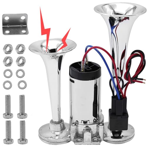 600DB 12V Upgraded Train Horn for Truck, Super Loud Electric Air Horn Kit with Compressor for Car, Trucks, Impact Train, Pickup, Boat, Motorcycle, Lorry, Electric Horn Blows Loudly, SUV