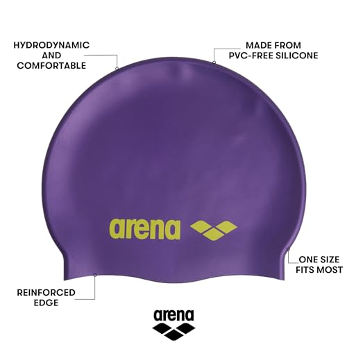 Image of Arena Classic Unisex Soft Silicone Swim Cap for Women and Men, Intensive Training and Racing Comfortable Non-Slip Long Hair Swimming Hat, Violet /Soft Green