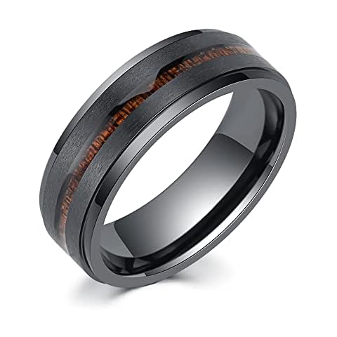 LerchPhi 8MM Mens Wedding Band KOA Wood Inlay Black Zirconium Stepped Edge Unisex Promise Ring Size 7 Cover
