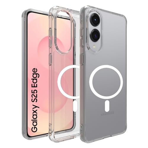 Image of RIGGEAR Shockproof Clear Hybrid Armor Magnetic Back Cover Case Compatible with MagSafe Accessories for Samsung Galaxy S25 Edge (Transparent PC and TPU Bumper)