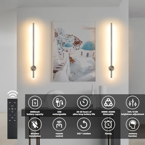 Image of Battery Operated Wall Sconces with Remote, Dimmable 3000K-6000K /Timer /Memory LED Wall Lamp, 350Rotate, USB Rechargeable Wireless wall lights for Living Room, Bedroom Brushed Nickel 23.6 inch(2 Pack)