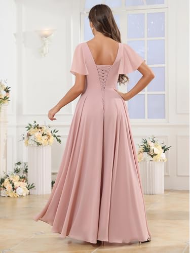 Square Neck Chiffon Bridesmaid Dresses for Women with Slit A-line Flutter Sleeve Formal Evening Dress3