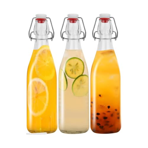 Image of Glassbunny 500ml Borosilicate Glass Water Bottles with Airtight Lid, Clear, Swing Top Flip Top Bottles for Fridge, Leak Proof, Reusable, BPA Free, Pack of 3