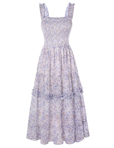 Damen Sommer Blumenkleid Spaghetti Träger Gesmokte Taille Lang Festlich Cocktailkleid Violett XXL