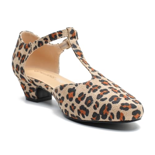 Image of MAIERNISI JESSI Women's T-Strap Mary Jane Pumps, Low Block Heel, Closed Toe, Buckle Ankle Strap
