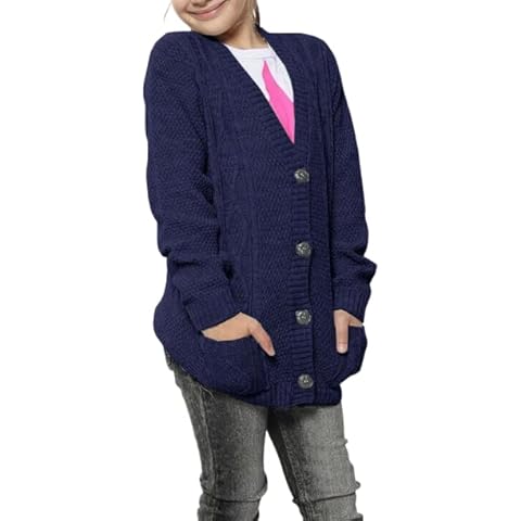 Fashion Knot Girls Chunky Cable Knitted Long Sleeve Cardigan Kids Jumper Pocket Age 7-13 (Age 9-10, Navy Blue) Cover