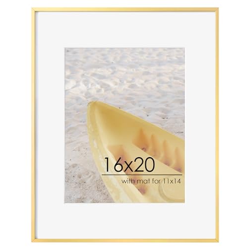 FLYJOE 16x20 Metal Picture Frame For Wall With Mat For 11x14, 16''x20'' Aluminum Photo Frames With Tempered Glass For Home Decor, Minimalist Modern Poster Frame Horizontal And Vertical Formats, Gold