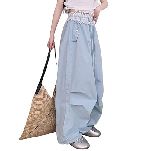 Girls Lace High Waist Parachute Pants Baggy Wide Leg Thin Casual Cargo Trousers with Pockets Teen Kids 𝐃rawstring Pants4