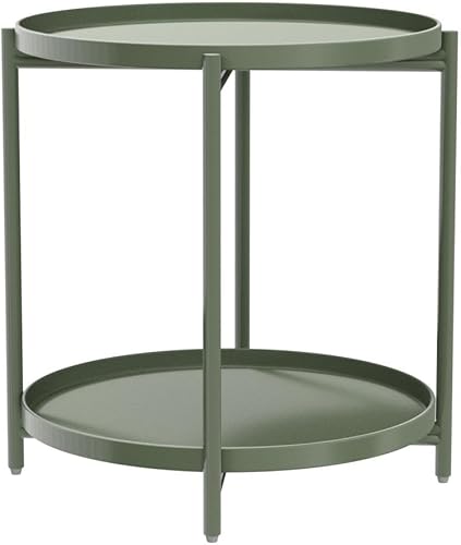 Vista 4 de TeoKJ 2 Tier Green Side Table, Folding Round Metal End Table Small Nightstand with Two Removable Tray for Bedroom Living Room Bedside Small Spaces