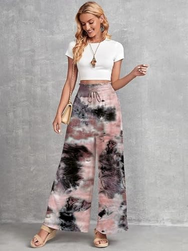 Image of Leriya Fashion Womens Mid Rise Tie-Dye Loose Fit Flared Wide Leg Palazzo Pants | Relaxed Pants | Bottom