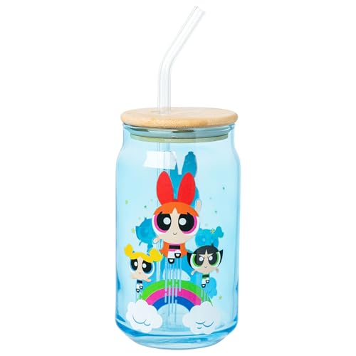 Image of Silver Buffalo Powerpuff Girls Trio Flying Rainbows and Clouds Blue 2pk 16oz Glass Tumbler w Bamboo Lid and Glass Straw Set