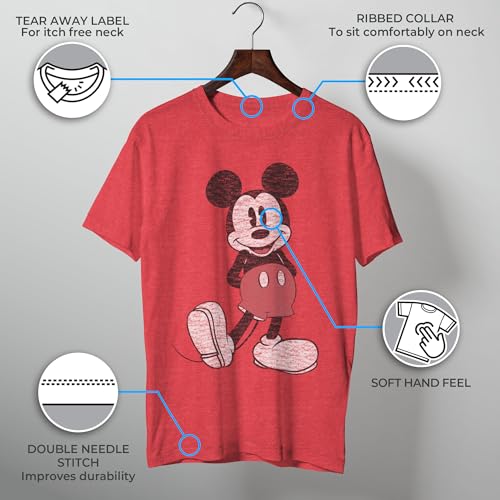 Image of Disney Men's Full Size Mickey Mouse Distressed Look T-Shirt | Officially licensed, 100% cotton, sizes S to 2X, size up recommended, Disney fan gift, crew neck, pop culture tee