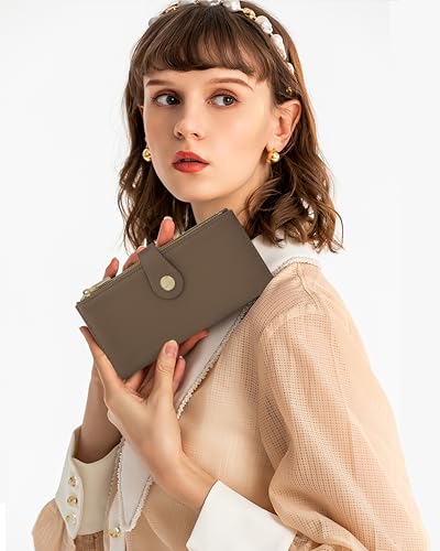 Image of Gray Women's Slim Wallet,Thin RFID Card Holder with Zipper Pocket | 12 Slot Wallet Organizer, Large Capacity, Vegan Leather, Coin Purse, Cash Compartment, Travel Wallet, Women Gift