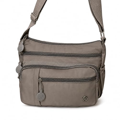 Bolsa Feminina Transversal de Nylon, Multi Bolsos, Impermeável, Ombro, Espaçosa (Café Claro)