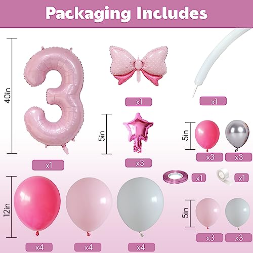 Image of 40 Inch Pink Number 3 Balloon Tower 3rd Birthday Decorations for Girls