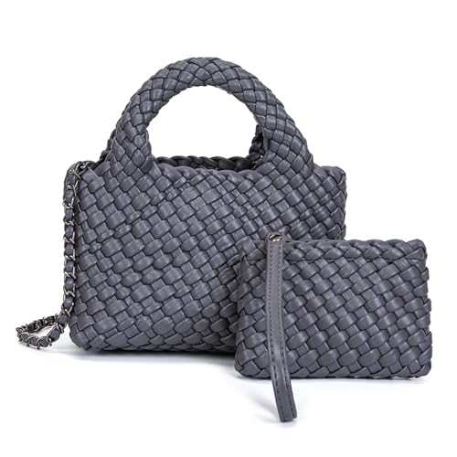 Mini Women's Handmade Woven Tote with Small Wallet Small Size Fashion Bright Color Vegan Leather Casual Tramp Crossbody Bag