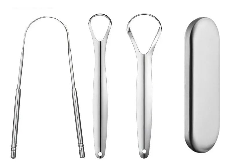 Kit 3 Raspadores de Língua em Aço Inox com Estojo, Prata