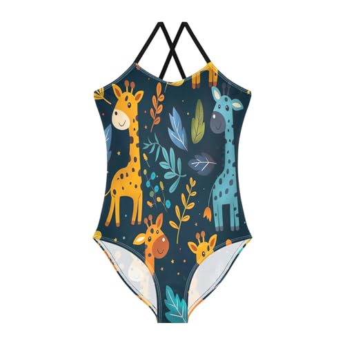 Cute Cartoon Giraffes Blue Kids Swimwear Girls, Beach Swimsuit, 3-10T Girls Athletic Swimsuit