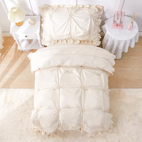 Image of Princess Toddler Bedding Set for Girls, 4 Piece Ruffles Jacquard Embroidery Toddler Bed Sheets with Boho Toddler Comforter, Fitted Sheet, Flat Sheet and Pillowcase, Beige
