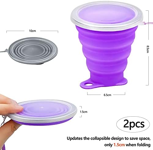 2 Pack Collapsible Silicone Cup, 270ml Portable Silicone Foldable Cup with Plastic Sealing Lid for Outdoor Camping Hiking