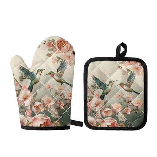 KEIAHUAN Flower Hummingbird Oven Mitts and Pot Holders 2 pcs, Kitchen Oven Glove High Heat Resistant 500°F Pot Holders, Machine Washable Polyester BBQ Gloves
